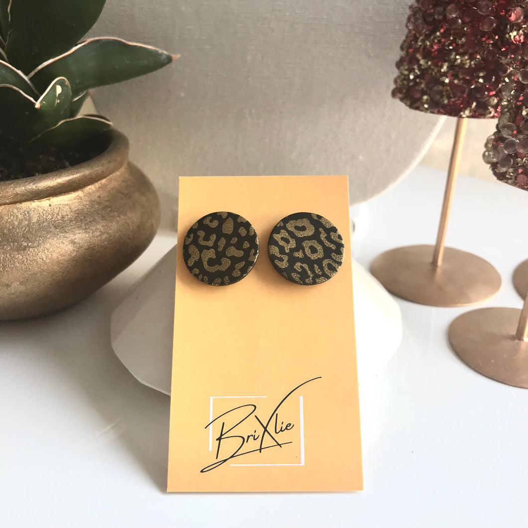 Large Round Studs - Black and Gold Leopard